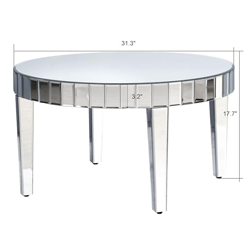 Silver Mirrored Coffee Table, 31.5" Round Modern Center Table with Starburst Mirror Mosaic Design, Luxury Circle Mirrored Glass Accent Coacktail Tea Table for Living Room Home Office