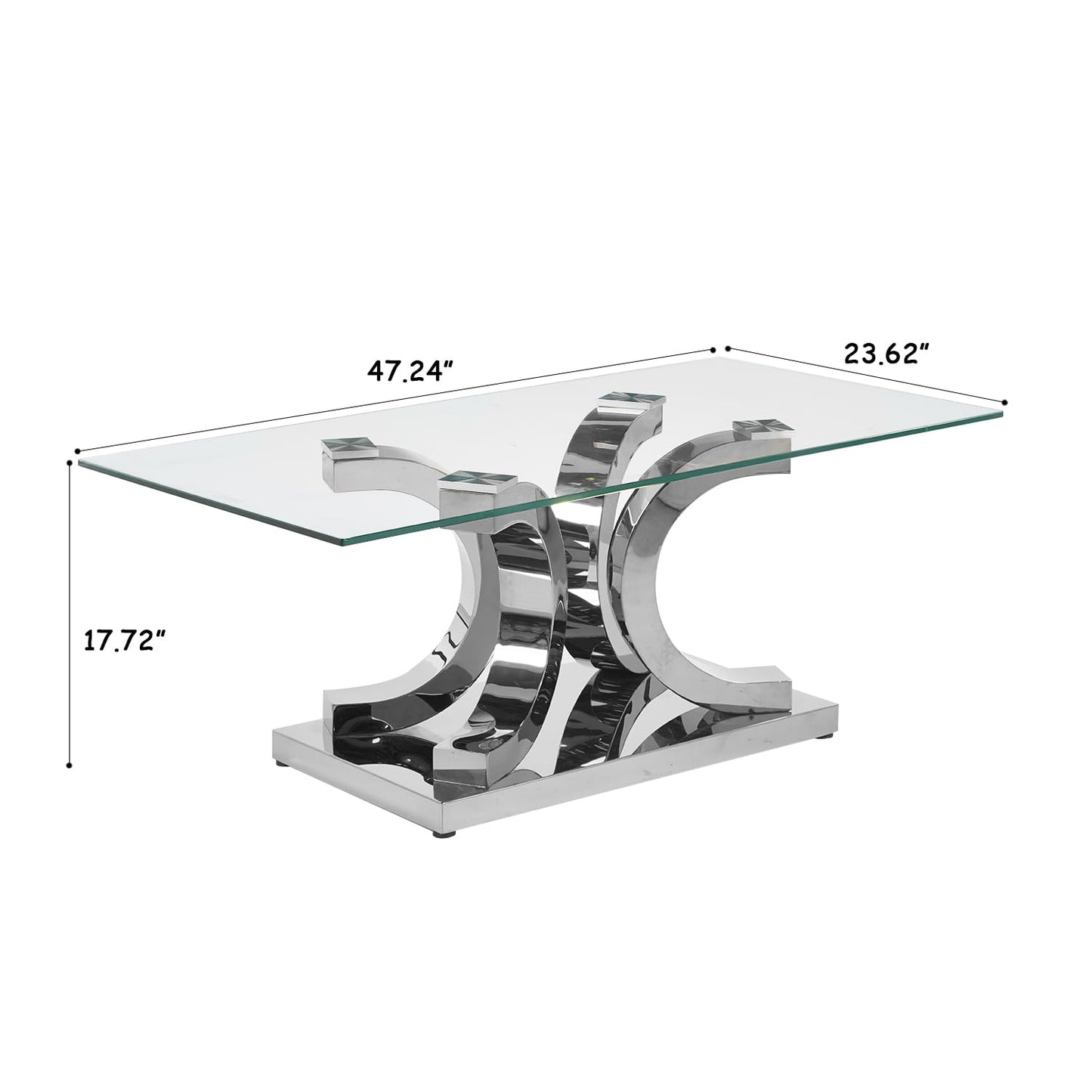 Glass Coffee Table with Silver C-Shaped Stainless Steel Base, Modern 47" Rectangular Center Table Clear Glass Top Accent Cocktail Tea Table for Living Room Bedroom Home Office