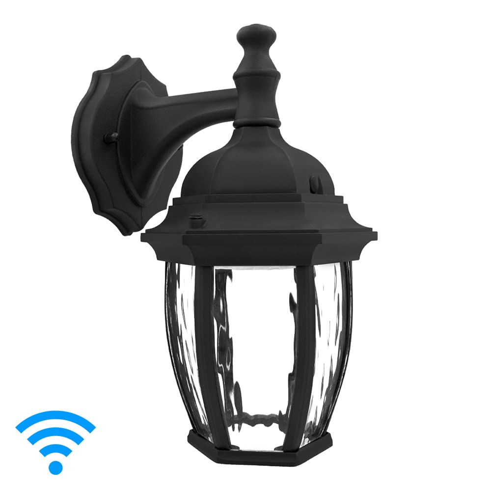 Maxxima Luvoni Smart WiFi LED Outdoor Wall Light, Black w/Clear Water Glass, App Controlled Porch Lantern, 850 Lumens, CCT 2700K - 6500K, Dimmable, Works with Google Home/Alexa