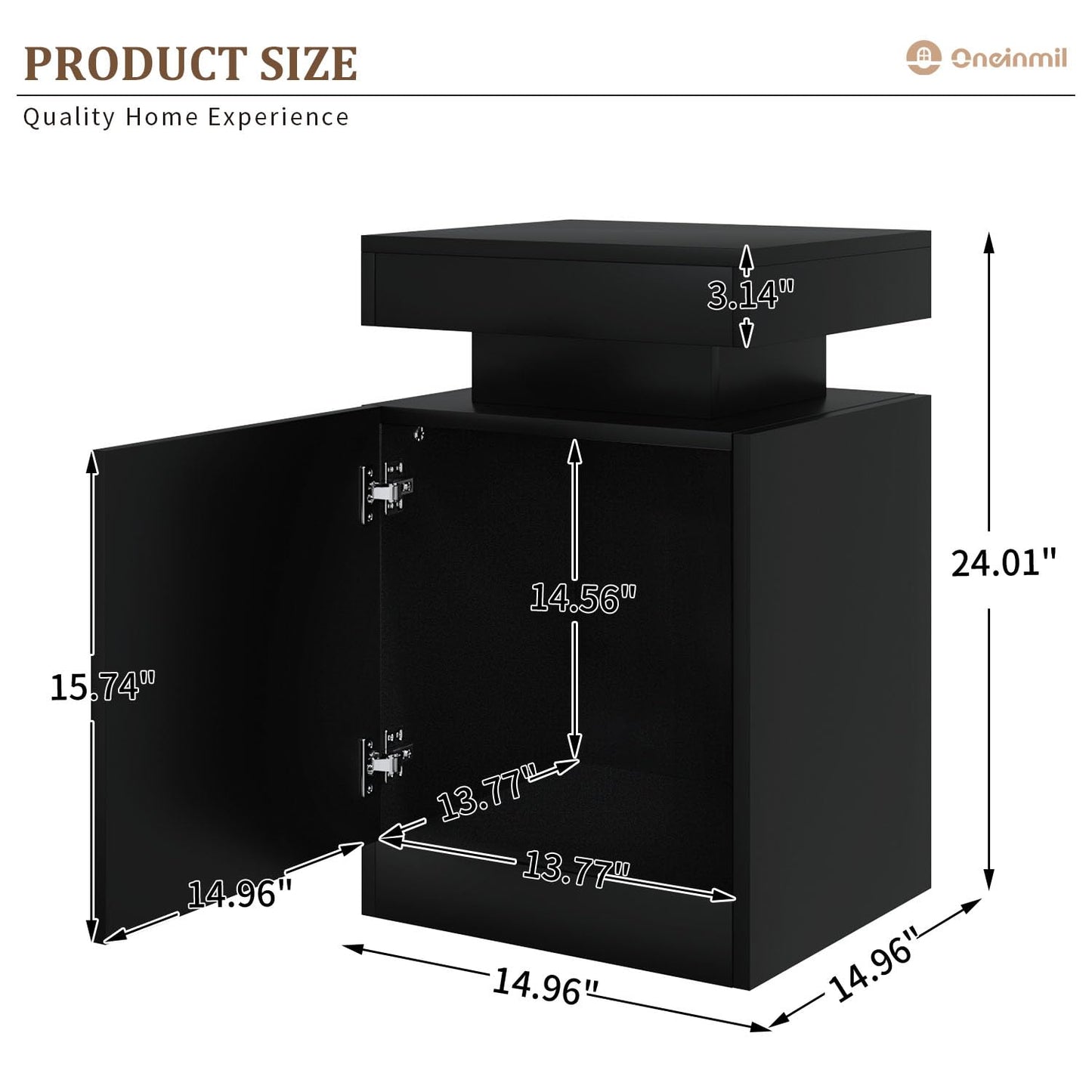 oneinmil Nightstand Set of 2 with LED Lights,Night Stand with Storage Cabinet for Bedroom,Bedside Table with LED, Black