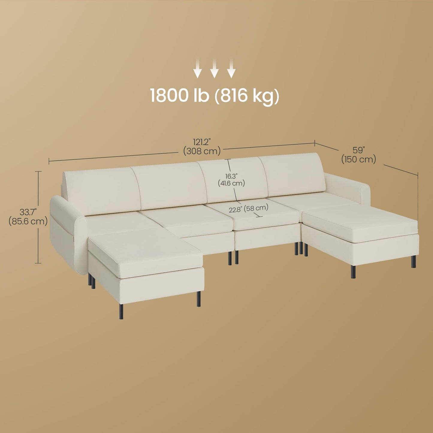 SONGMICS HOME Modular Sectional Sofa, Convertible 6-Seat U-Shaped Couch with Ottoman, Deep Seat, Sectional Couches for Living Room, Cream White ULCS064W01