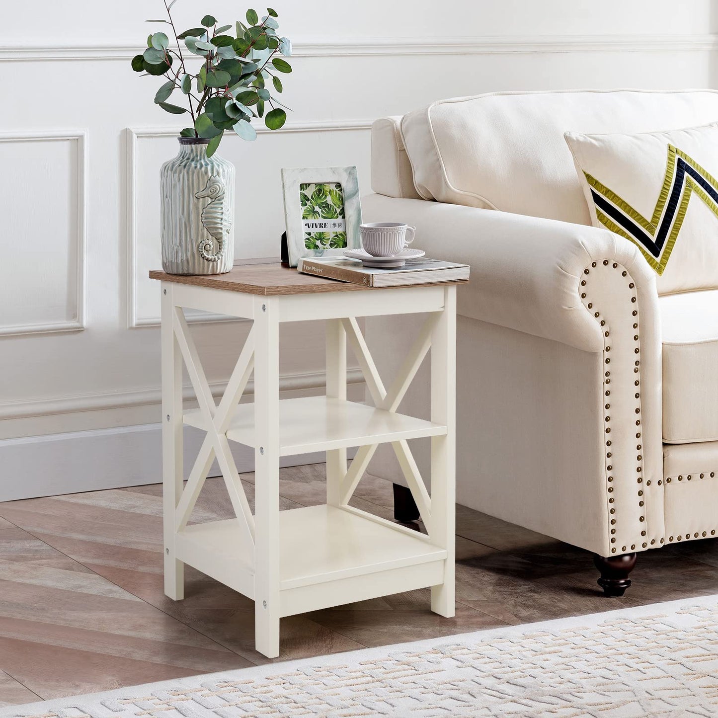 Sophia & William Farmhouse End Table Living Room Set of 2, Sofa Side Table with Storage Shelves, Ivory