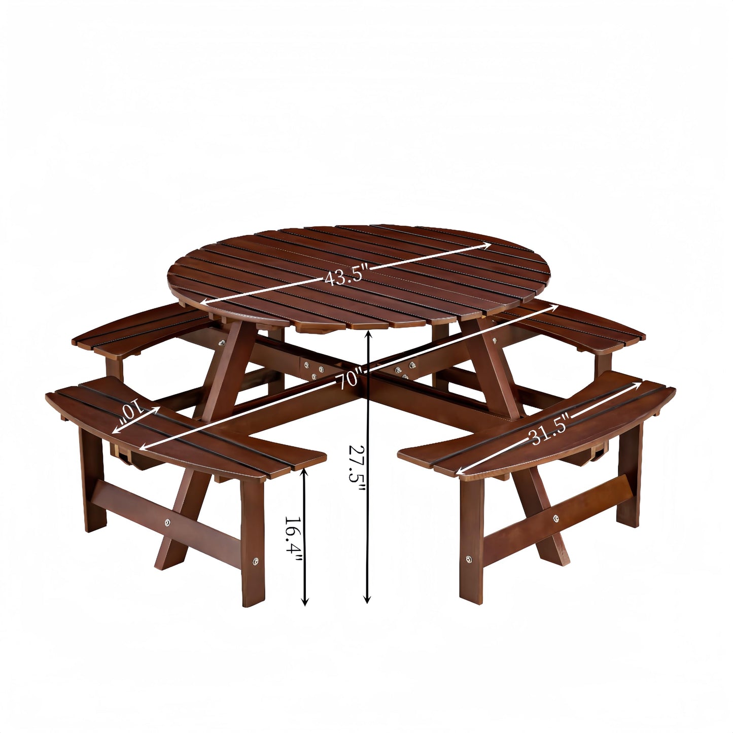 DOPERFE 8-Person Outdoor Picnic Round Table with Built-in Benches | All-Weather Wooden Patio Furniture for Gardens, Backyards and Porches | Includes 2" Umbrella Hole (Brown, 70.08"*70.08"*27.17")