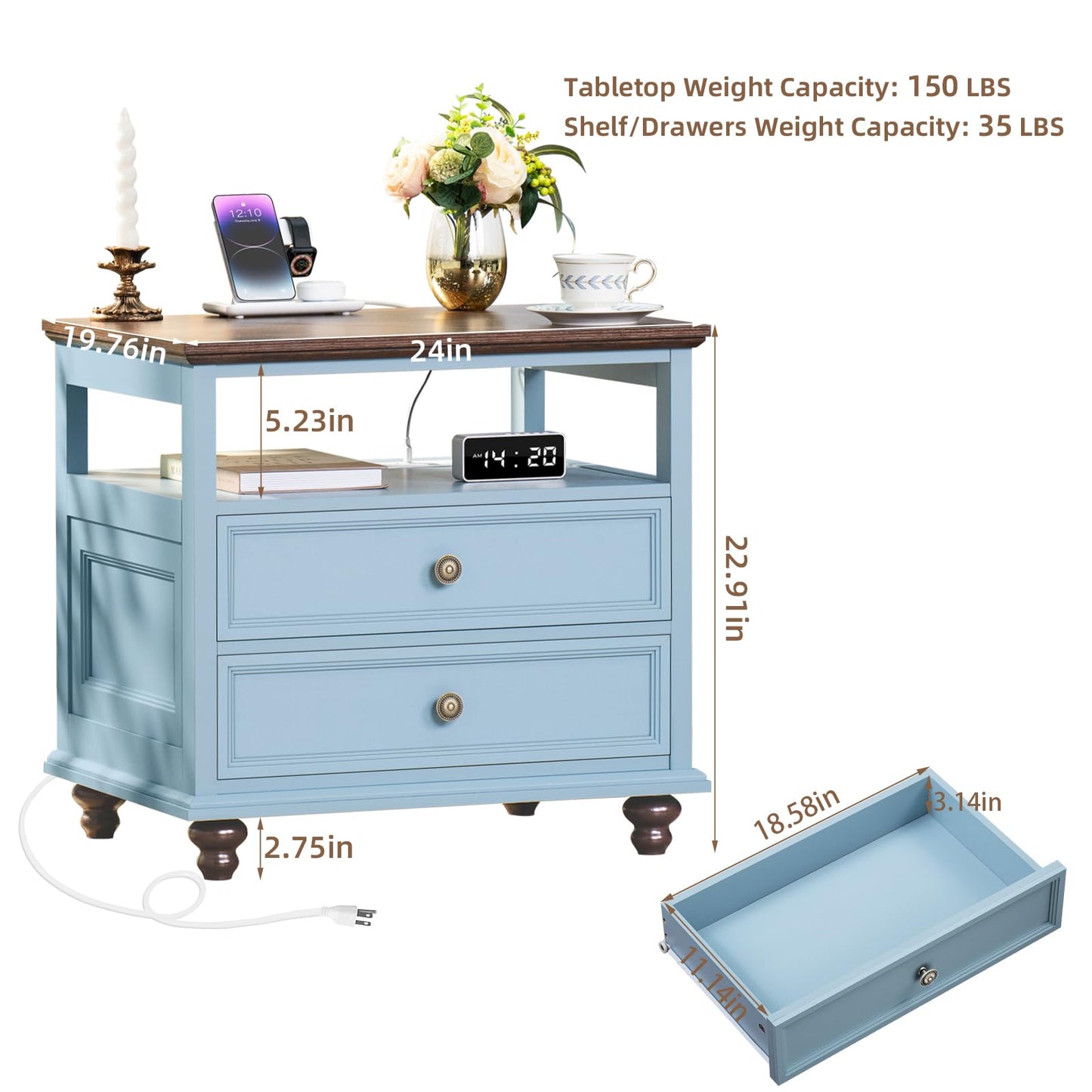 Joaxswe Farmhouse Nightstand with Charging Station, 24" Wide End Table with 2 Drawers, Light Blue Dresser for Bedroom,Wood Bed Side Table Chest of Drawers Cabinet,Night Stand for Living Room,Closet