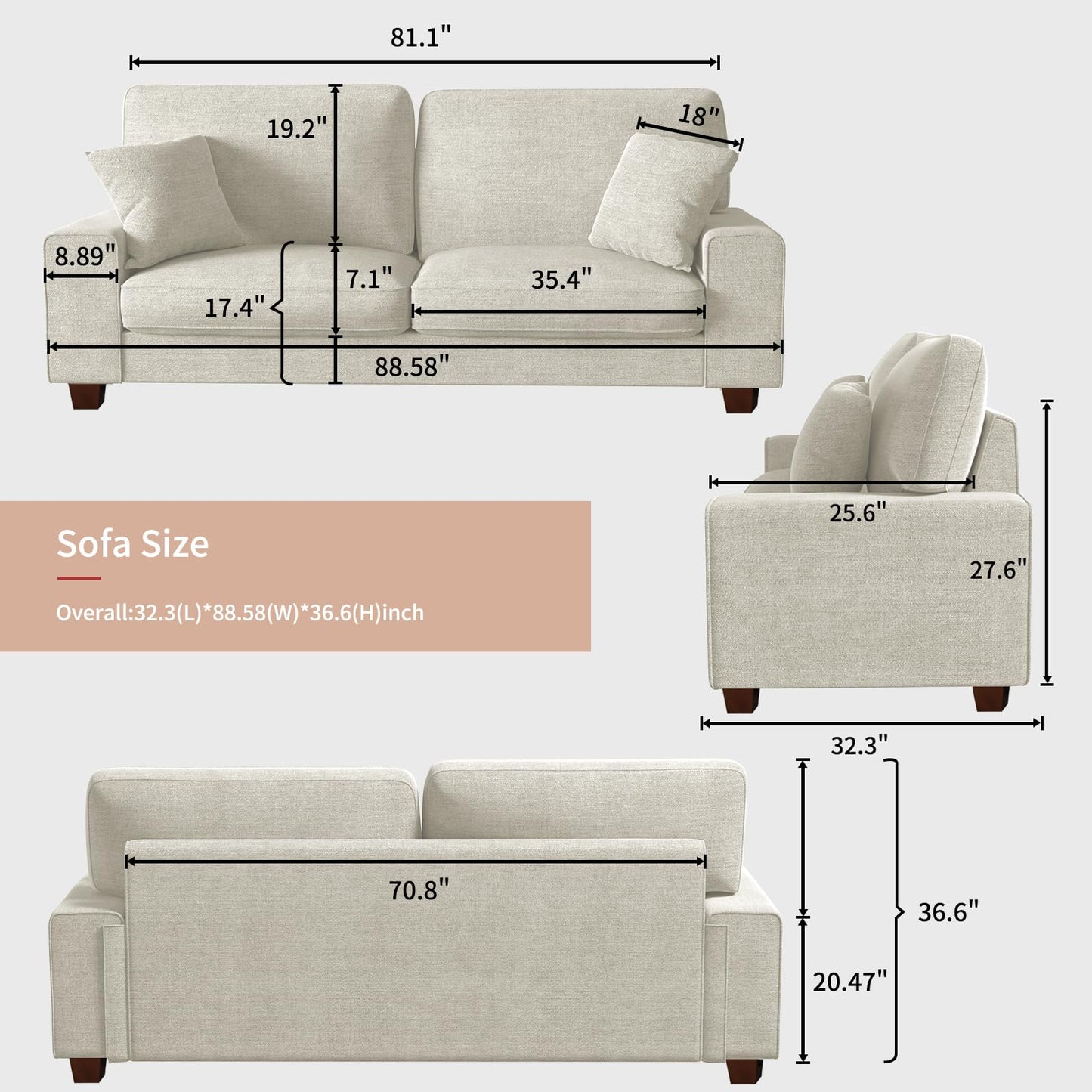DOPEDIO Modern Loveseat Sofa for Living Room,Chenille Recliner, Removable Cover, Spring Cushions, Solid Wood Frame, Easy Assembly for Small Spaces (88.58inch,Beige)