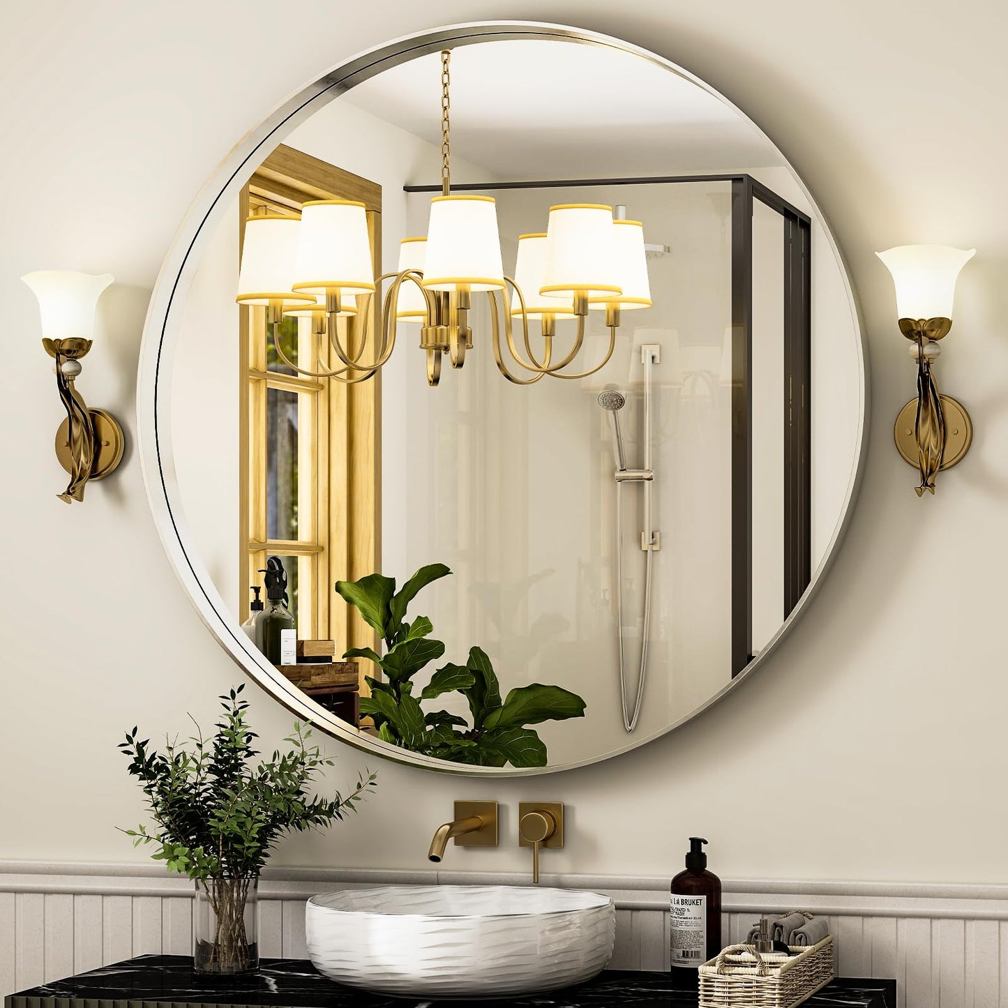 Easly 24 Inch Round Bathroom Mirror - Wall Mounted Circle Mirror with Metal Frame, Modern Mirror Suitable for Bathroom, Vanity, Entryway, Living Room, Wall Decor,Silver