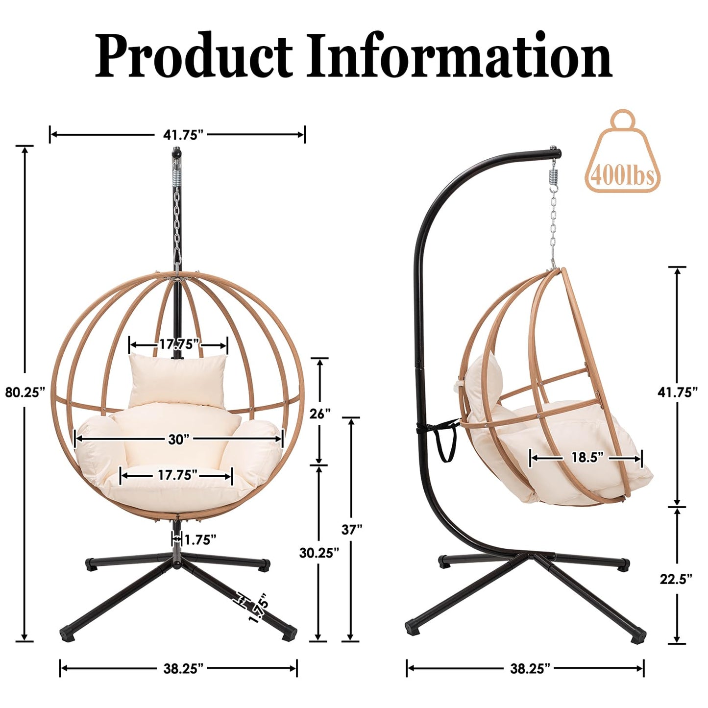 DAYAOUTDOOR Hanging Egg Chair with Stand, Egg Swing Chair Outdoor for Balcony, Patio Hanging Egg Chairs with Cushions for Relaxation in Bedrooms, Gardens, Beige