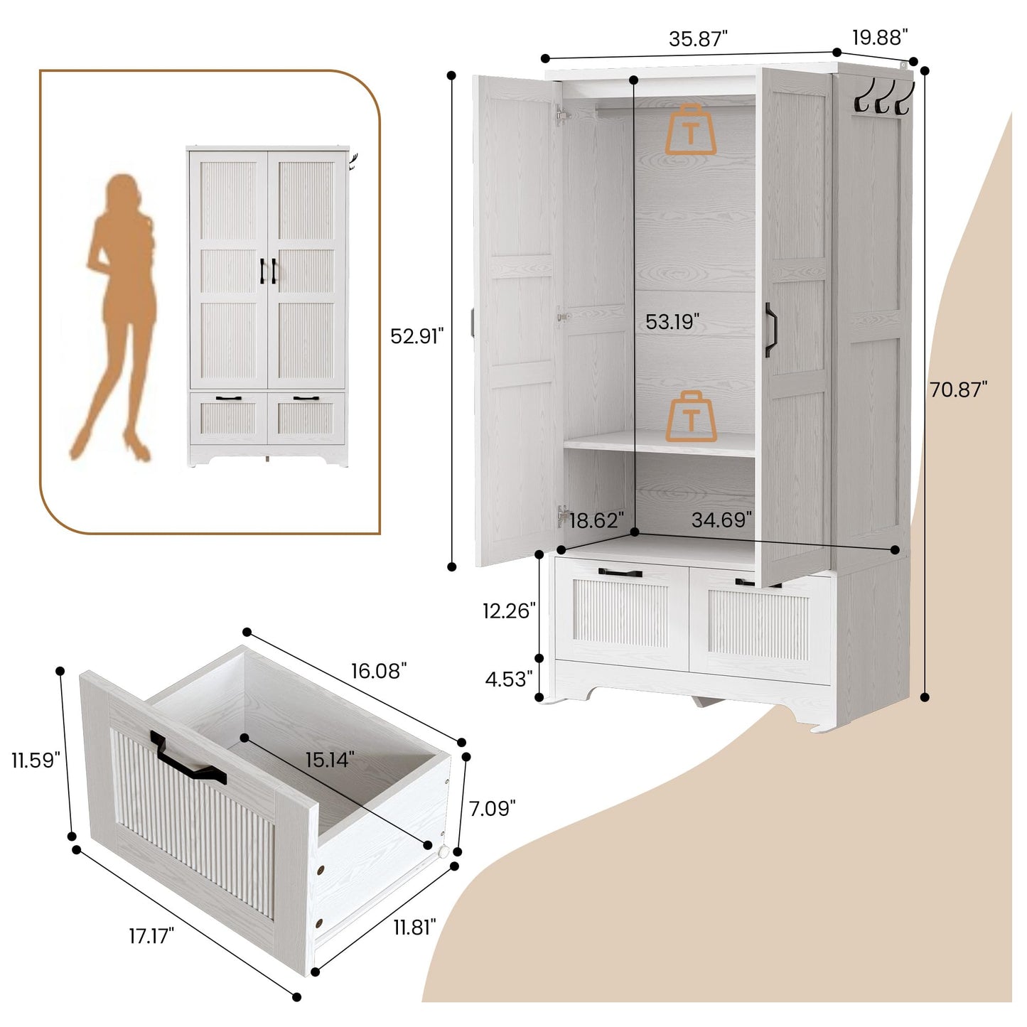 ANCTOR Armoire Wardrobe Closet, 71" H Wooden Clothing Storage Cabinet with 2 Doors and 2 Drawers, Bedroom Freestanding Wardrobe Combination with Hanging Rod and Adjustable Shelves, White