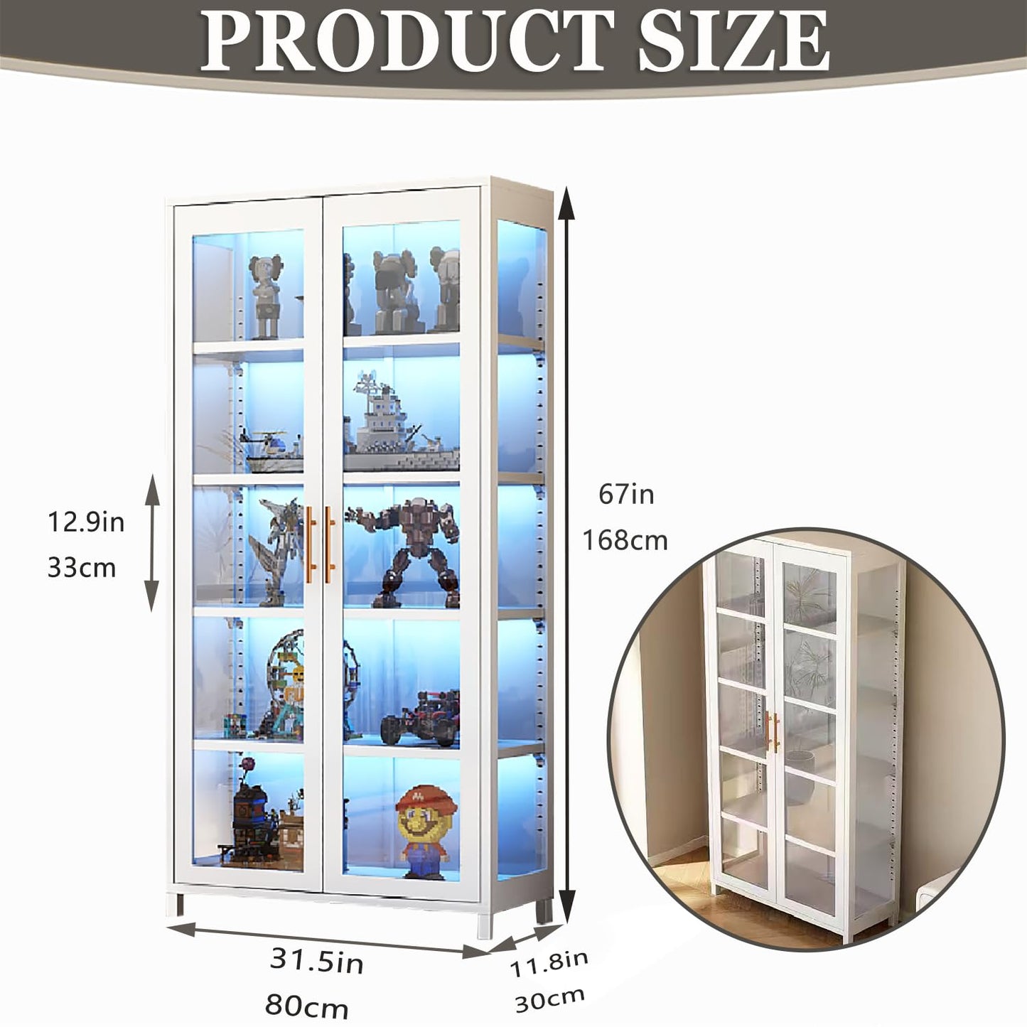 qeknxks Display Cabinet with Glass Doors, 5-Tier Metal Curio Cabinet, Glass Display Cases for Figurine, Toy Organizers Rack & Display Shelf, Kids Bookcase for Home Office, Playroom, Living Room