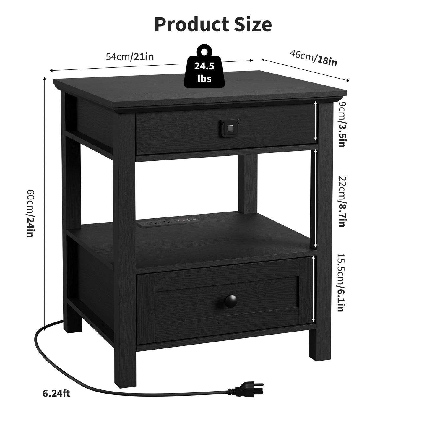 Rresyet End Table with Fingerprint Lock, Side Table with Extendable Top & Built-in Power Outlets & Drawer, Wooden Storage Nightstand for Home & Office (Black)