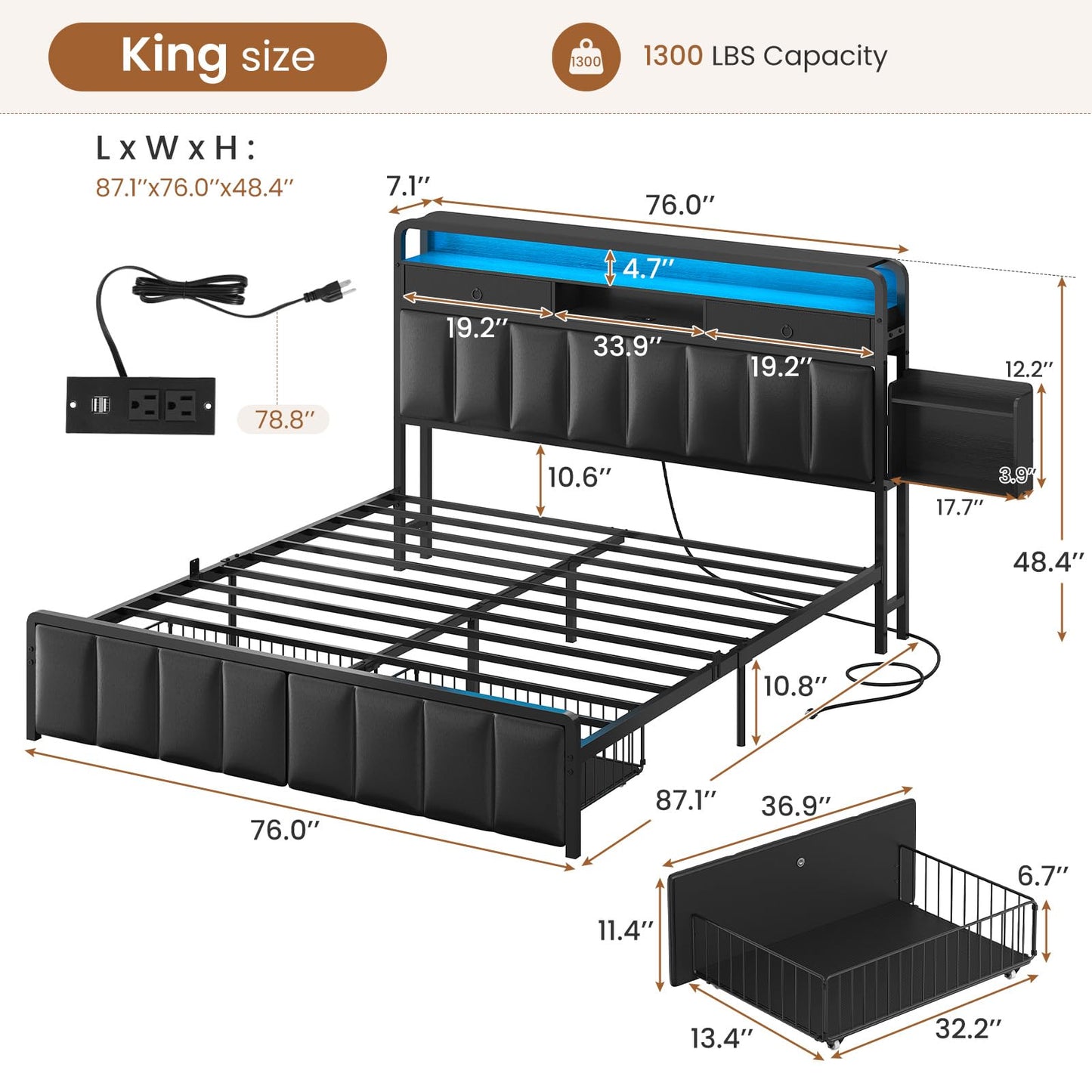 Brinlawb King Bed Frame with Drawers & Storage Headboard, Bed Frame King Size with Charging Station & LED Light, Upholstered Platform Bed, Metal Frame Support, No Box Spring Needed, Noise Free, Black