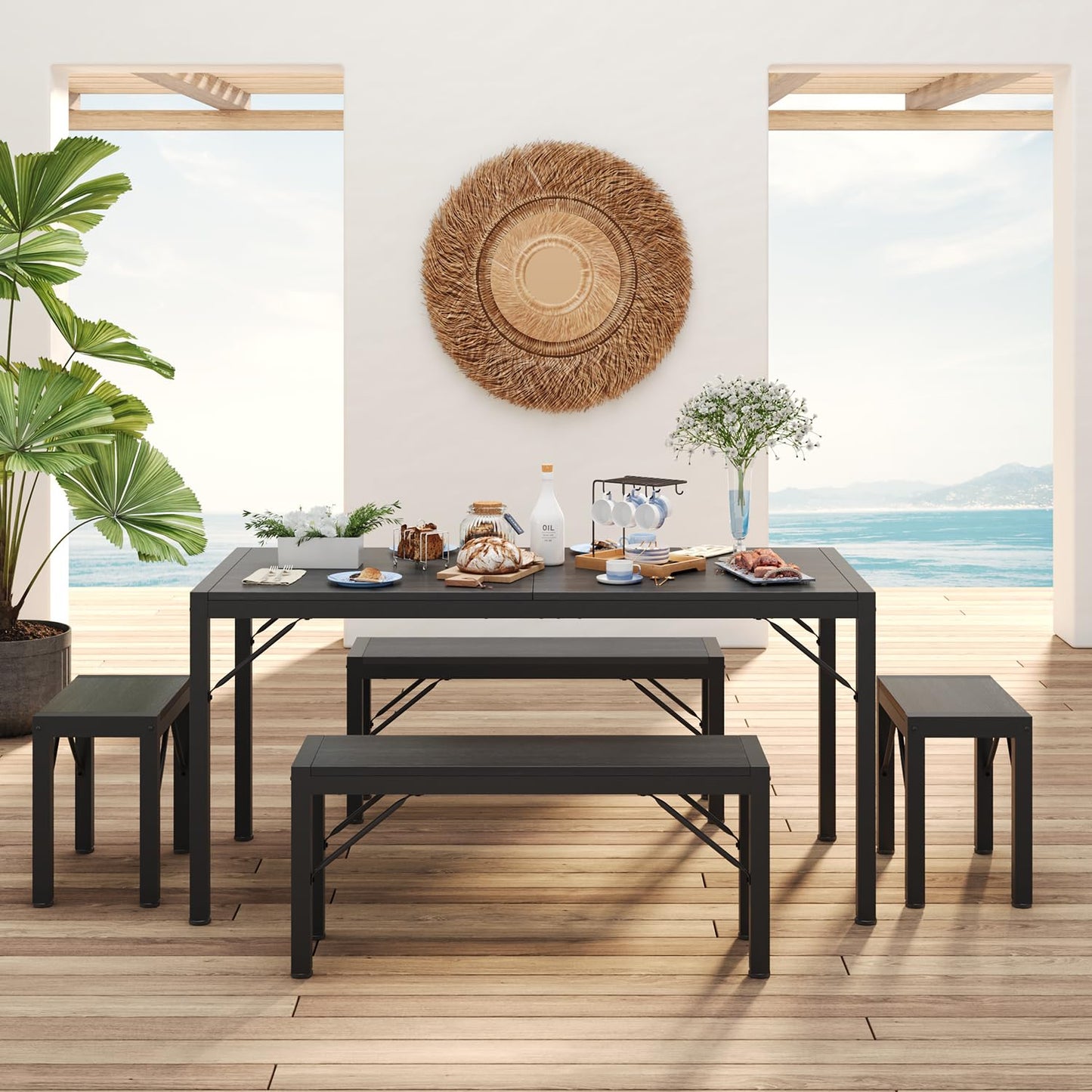 Gizoon 63" Dining Room Table Set for 6, Kitchen Table with 2 Benches and 2 Stools, Dining Table Set with Metal Frame, Space-Saving Kitchen Table Set for Apartment, Black