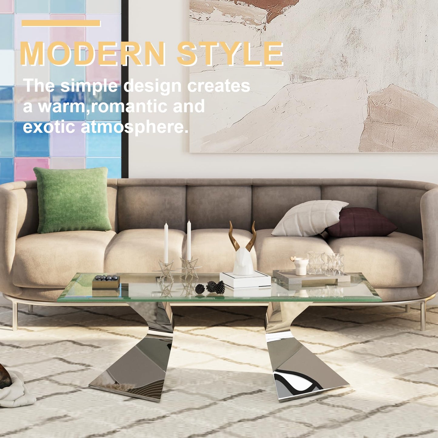 Anewsun Silver Coffee Table, Clear Tempered Glass Coffee Table with Waved Legs in Mirrored Silver Stainless Steel Finish, 48'' Glam Tea Table for Living Room, Apartment, Office