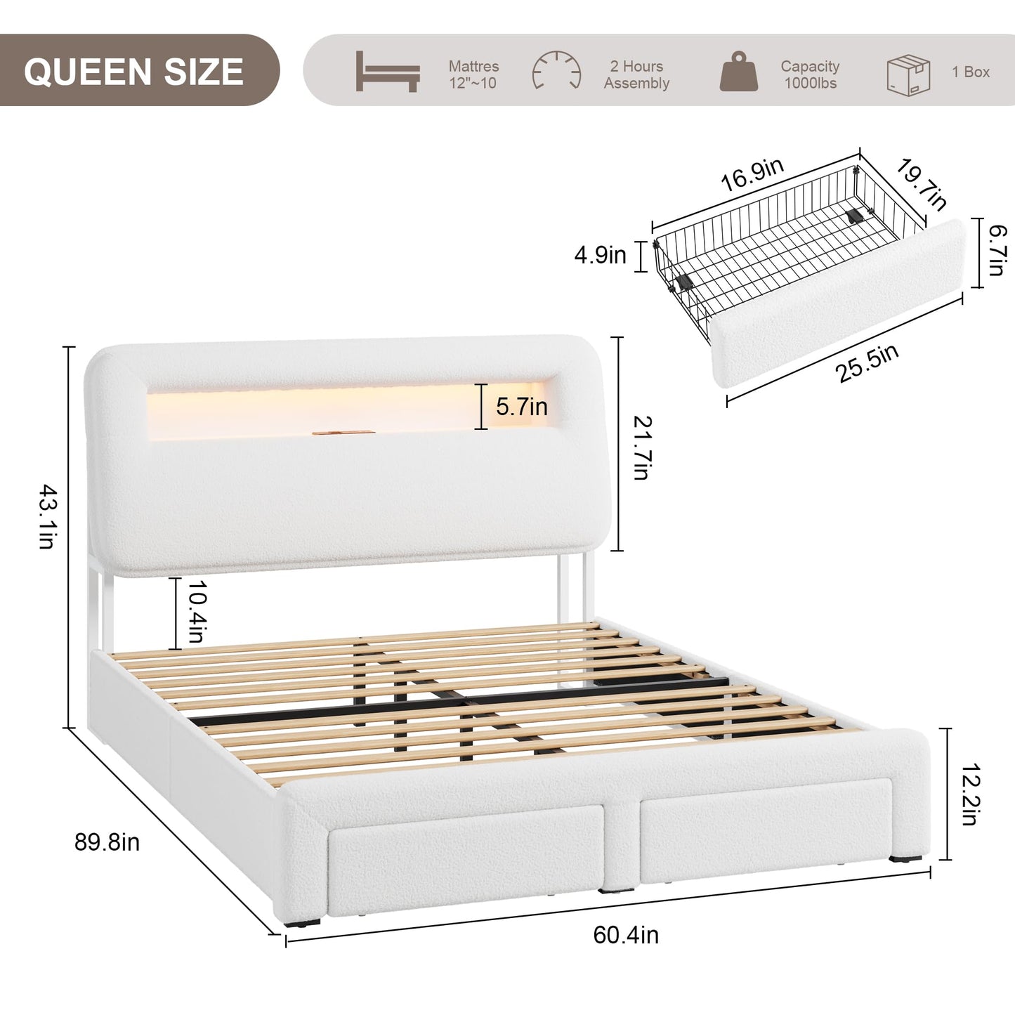 VINTLJUS Queen LED Bed Frame with Storage Headboard & Charging Station, Kids Bed Frames with Bookcase, Teddy Fleece Upholstered Platform Bed Frames with 2 Storage Drawers, No Box Spring Needed, Beige