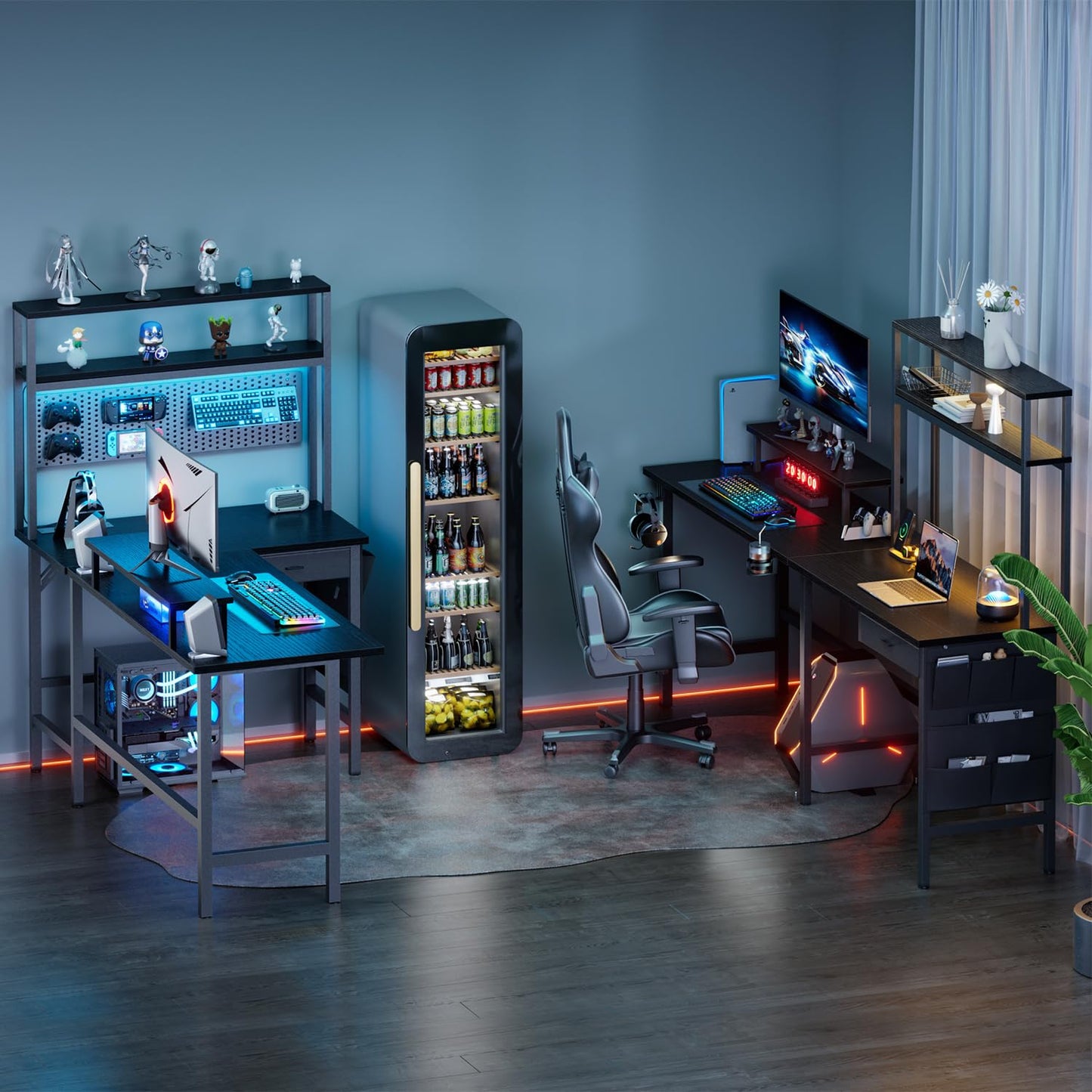 HLDIRECT L Shaped Gaming Desk with LED Light & Power Outlet, 59 Inch Reversible Corner Computer Desk with Storage Shelves & Drawer & Bag, Game Table with Hutch Monitor Stand, Home Office, Black