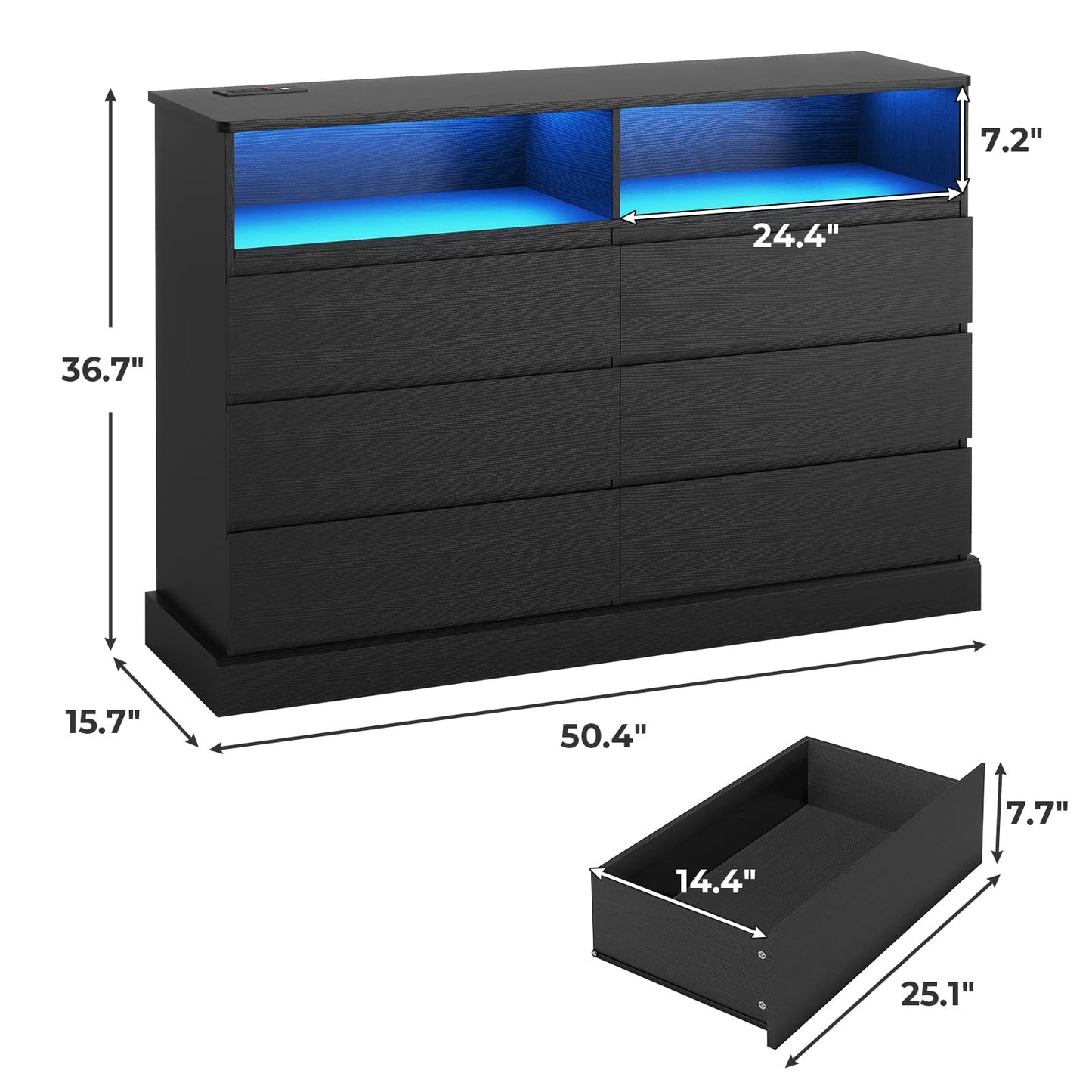DICTAC Black Dresser for Bedroom with LED Lights with Charging Station, 6 Drawer Double Dresser with No Handle Drawers, Modern Chest of Drawers for Living Room, Entryway