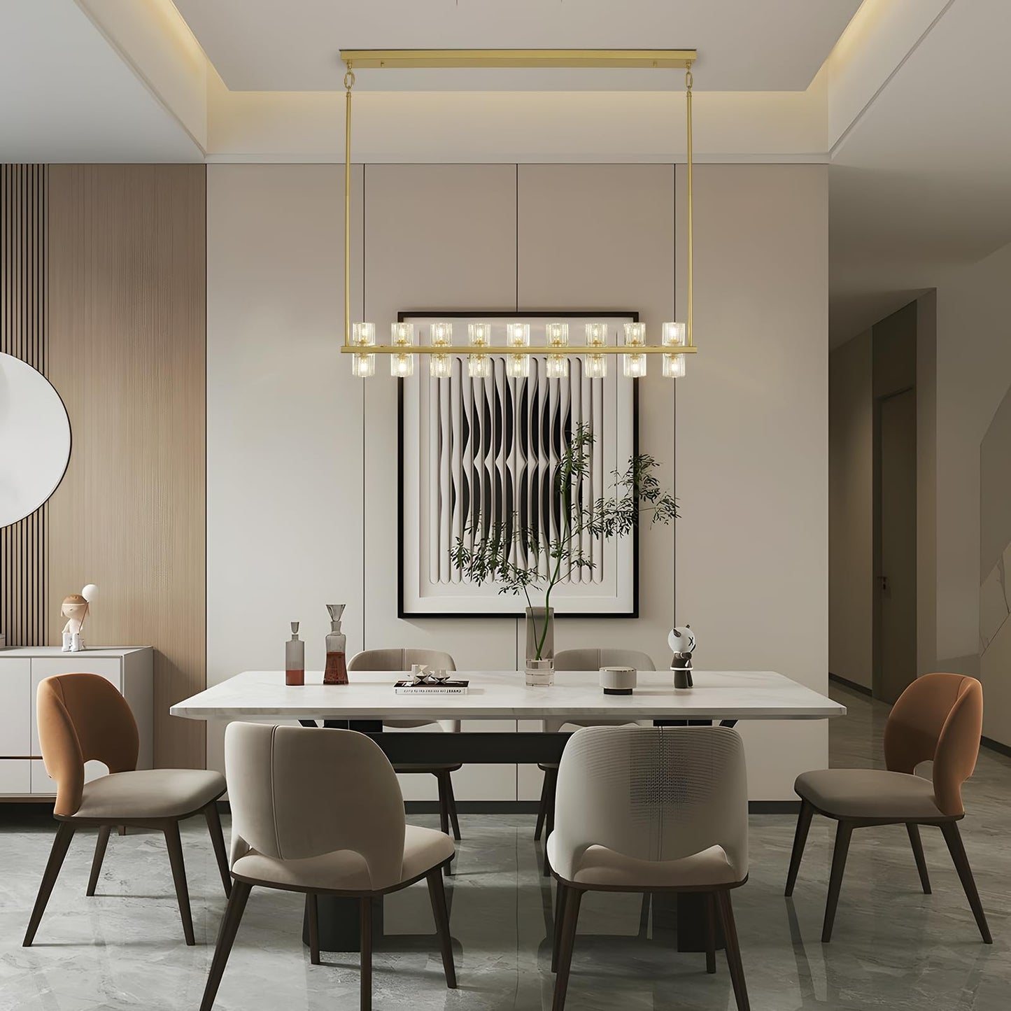 GRUSTRUST Gold Chandelier, 42" Kitchen Island Lighting Rectangle Linear Chandeliers, Dining Room Light Fixture Over Table, Brass Chandelier with Crystal Modern Pendant Light, Bulbs18xG4 Included