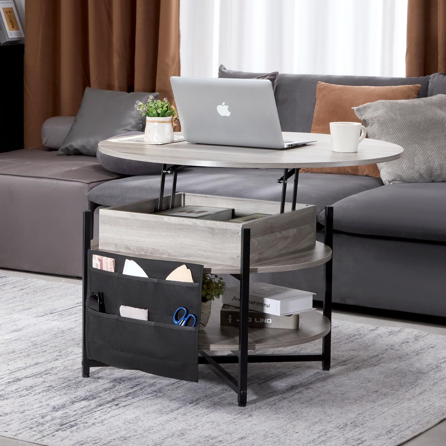 VEVOR Round Lift Top Coffee Table with LED Light, 35.43" Circle Coffee Table with Storage and Hidden Compartment, Farmhouse 2 Tier Large Dining Table for Living Room Reception Room, Wood, Gray
