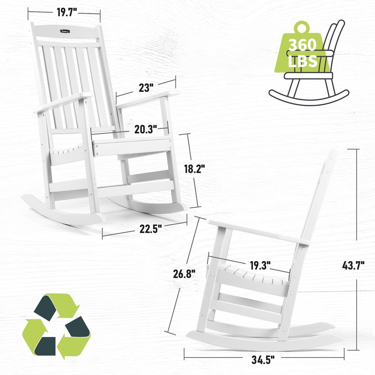 FUNBERRY Outdoor Rocking Chairs, HDPE All Weather Poly Lumber Rocker, High Back Patio Rockers Easy Assembly