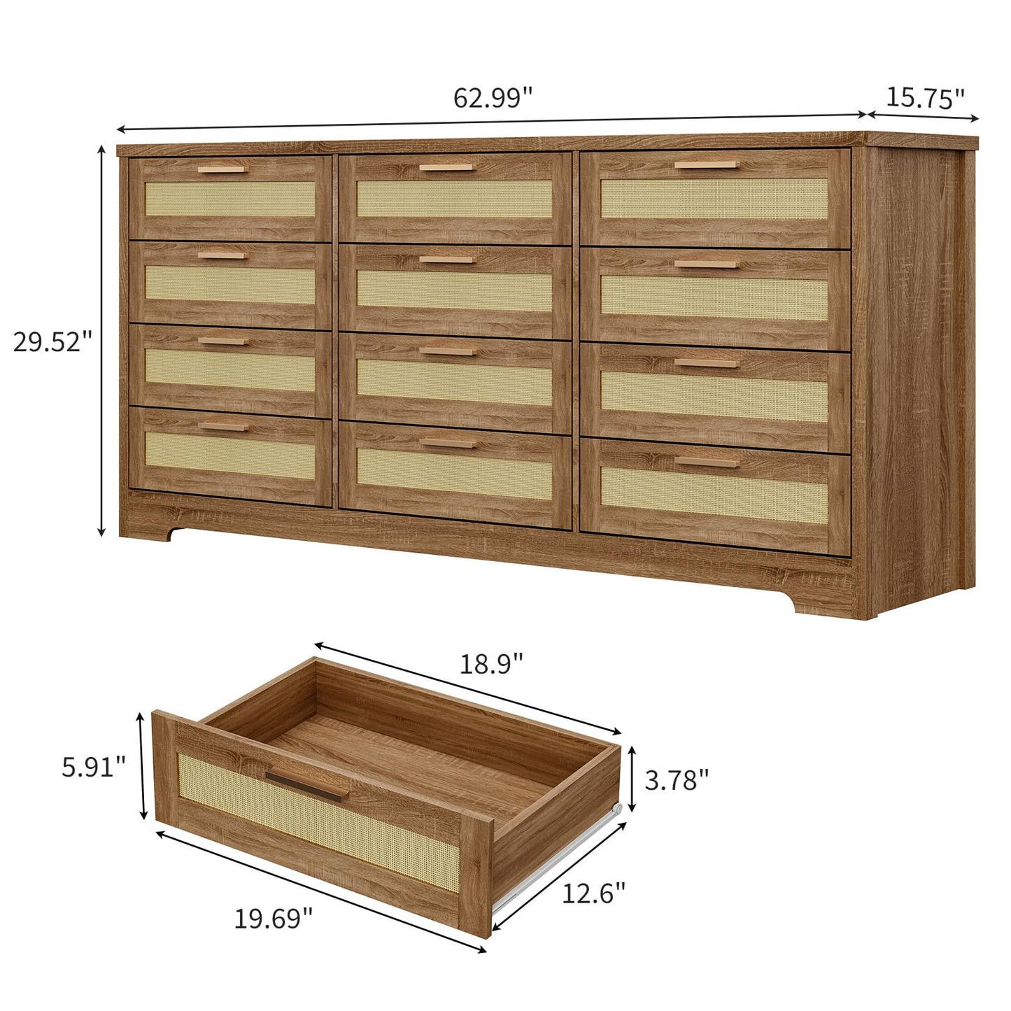 Hipicute 12 Drawer Dresser for Bedroom, Modern Rattan Chest of Drawers, Wood Storage Organizer with Rattan Panel Drawers and Handles, for Nursery, Entryway, Living Room, Natural