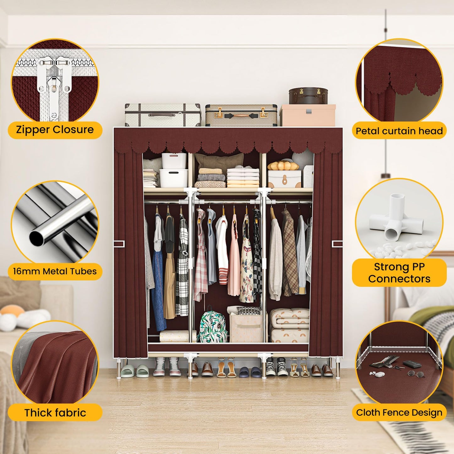 LEAIJIAFY Portable Wardrobe Closet with Metal Frame, Deep Red & Brown Fabric Cover, 3-Tier Storage with Hanging Rod, 3 Storage Area for Clothing,Bedding (Deep Red)