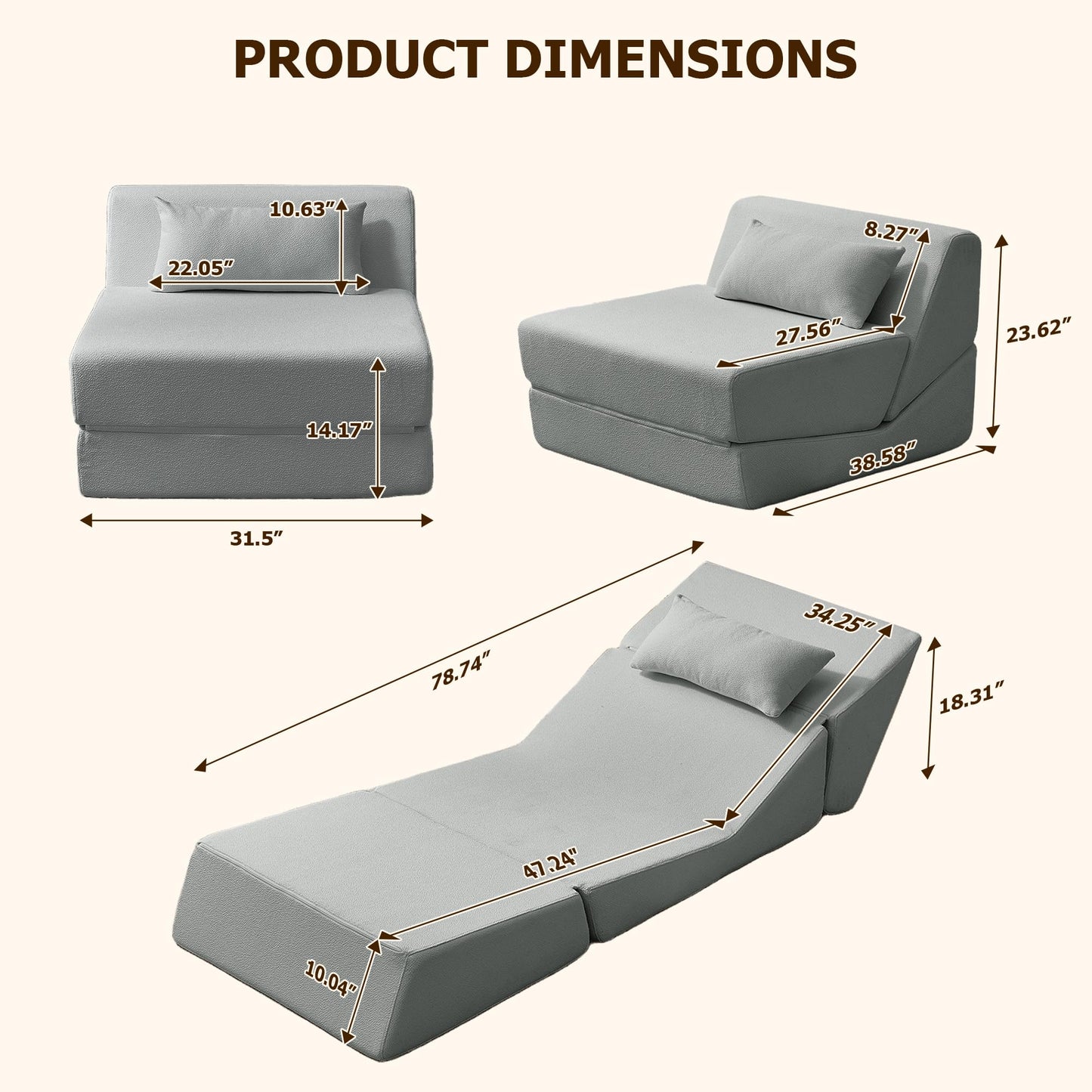 BAMOOLI Sleeper Sofa Bed, Convertible Fold Out Couch, Comfy Alpaca Wool Fabric Portable Foldable Floor Mattress Sleeper Chair with Pillow, Foldable Floor Sofa Lounge for Living Room, Bedroom, Grey