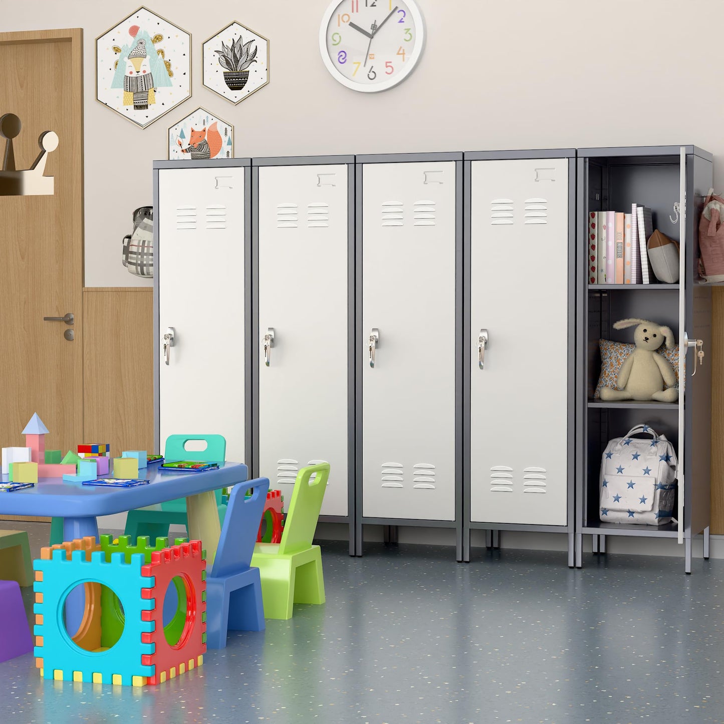 Aobabo Metal 54" H Metal Storage Locker for Employees, Lockable 1 Door with Towel Rack and 2 Side Pegboards with Hooks for School Office Gym Bedroom, Assembly Required (Gray White)
