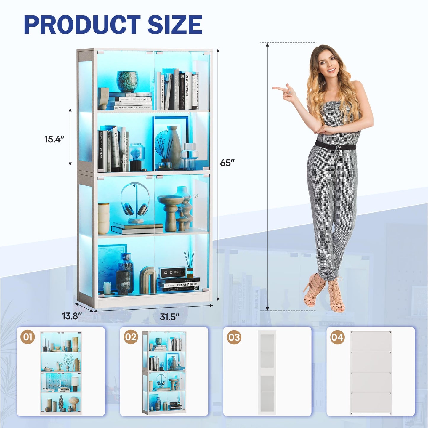 Grepatio Glass Display Cabinet, 4-Tier Display Cases for Collectibles, Curio Cabinet with 12 Color Lights, Display Shelf Bookcase Kids Toy Cabinets for Collectible, Living Room, Playroom (White)