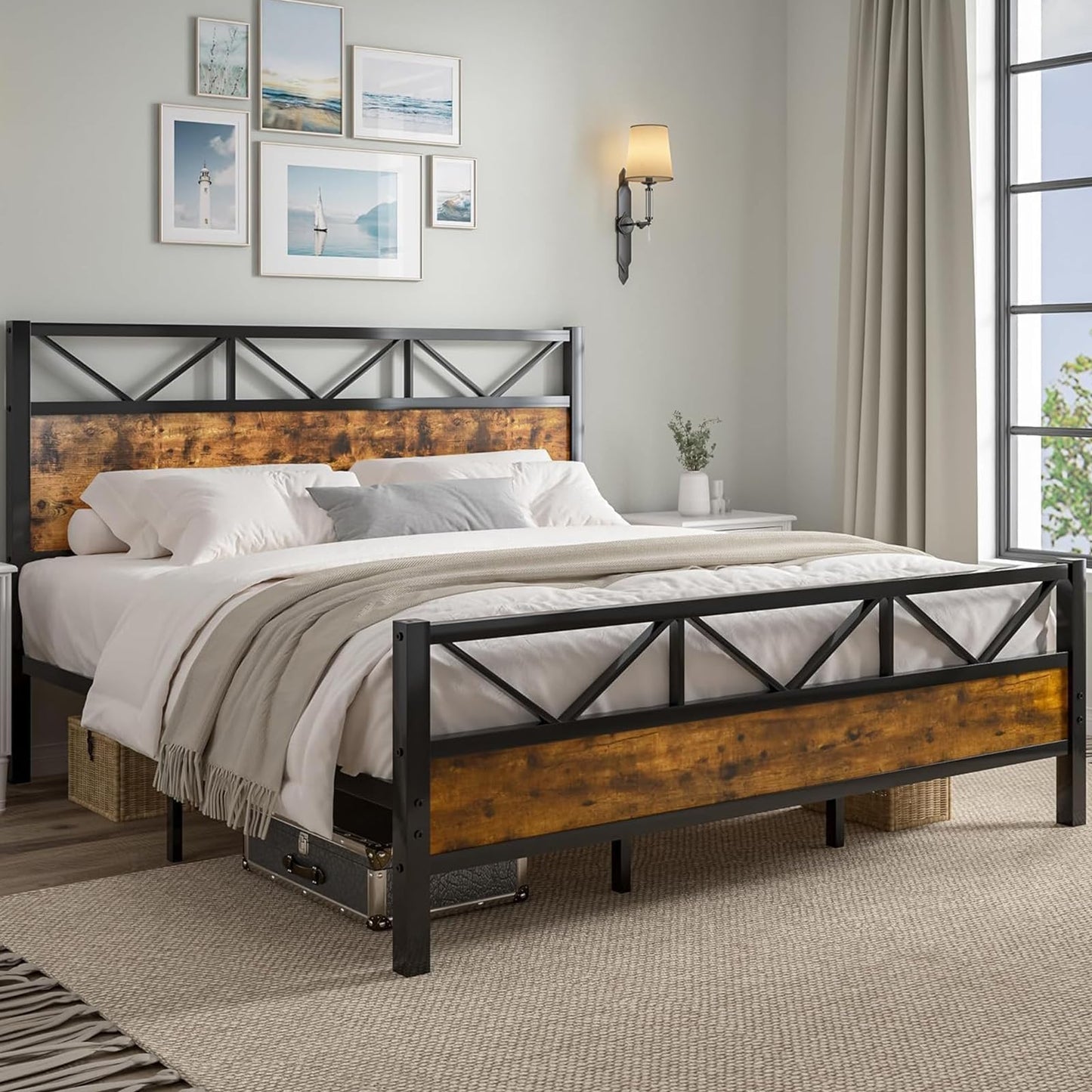 CHABUILDREARK King Size Bed Frame and 51.2" Tall Headboard, King Platform Bed Frame with Headboard, Heavy Duty Metal Slats Support, No Box Spring Needed, Noise-Free, Easy Assembly, Rustic Brown
