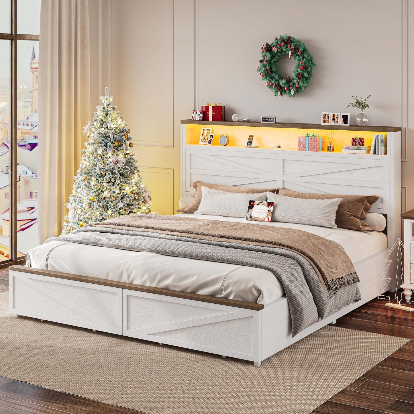IRONCK Farmhouse King Size Bed Frame with LED Light and Charging Station, Wood Bed Frame with Storage Headboard and 2 Drawers, Barn Door Design, Sturdy and Noiseless, White