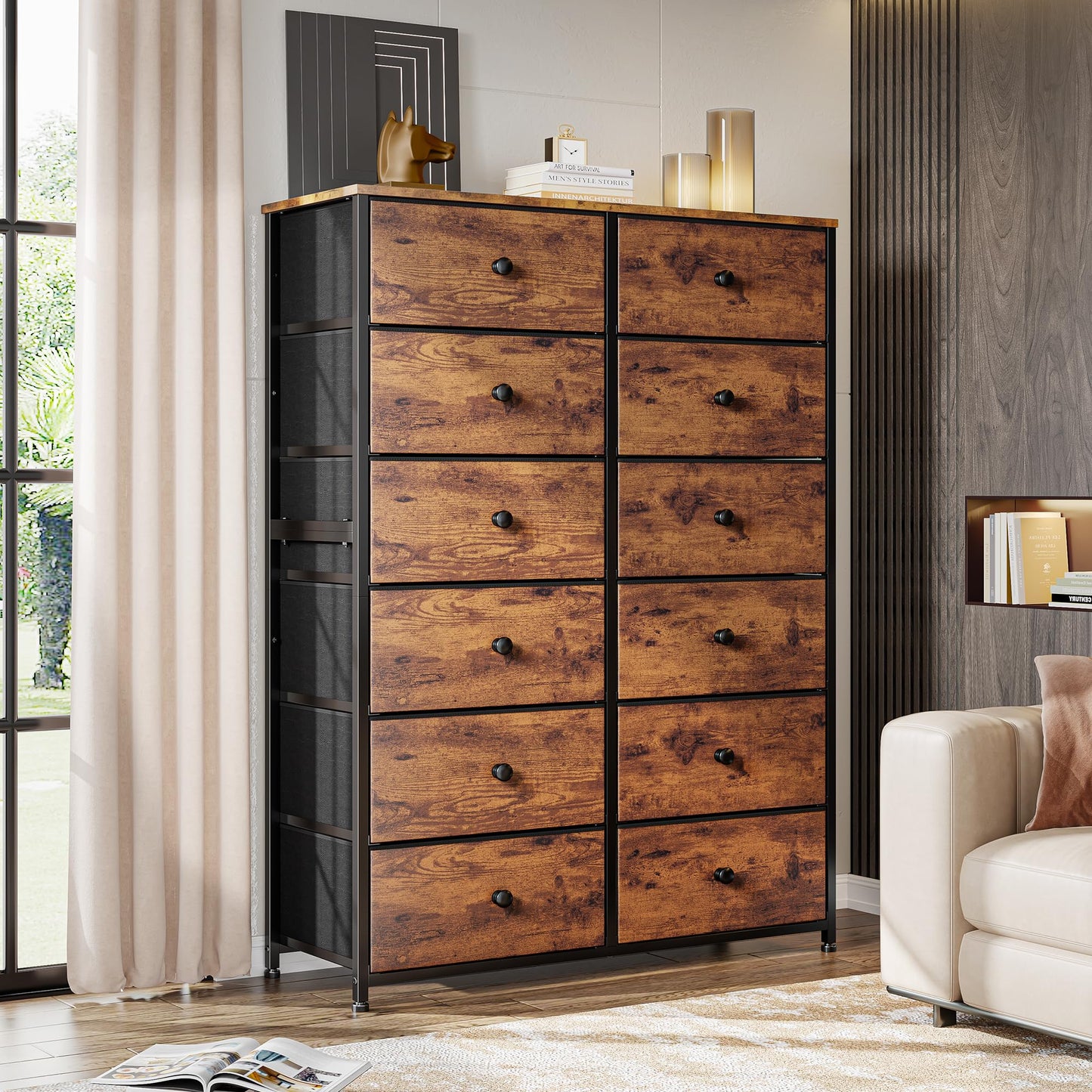 Romorgniz 12 Drawers Dresser for Bedroom, 52.2''H Tall Dresser for Closet, Dressers & Chests of Drawers with Wooden Tabletop, Metal Frame, Dressers for Bedroom, Hallway,Closet, Rustic Brown
