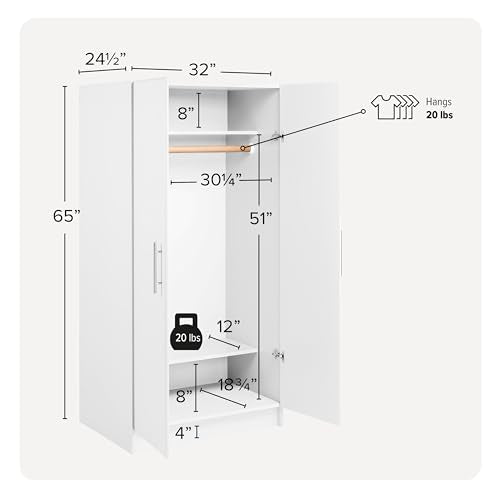 Prepac Armoir, Elite 32"W x 65"H x 24.5"D White Wardrobe Closet & Cabinet - Functional Clothes Storage with Hanging Rail, Armoire Wardrobe