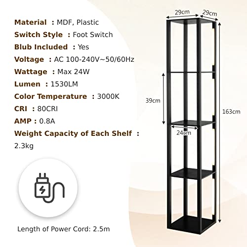 Dimmable Floor Lamp with 4 Wooden Shelves, 360° Rotatable LED Light, Tall Standing Reading for Bedroom, Living Room & Office Home Decor
