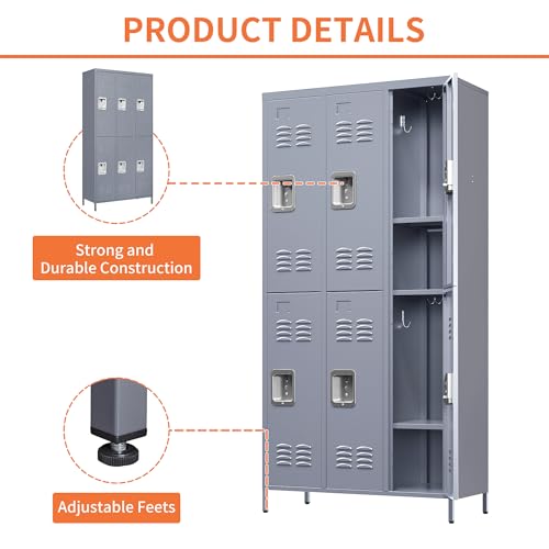 Storage Locker Cabinet, with 6 Doors and Lock, Gray, Durable & Easy to Maintain, for Living Room, Bedroom, and Kitchen