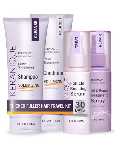 Keranique Hair Products Set for Thinning Hair - Volumizing Shampoo, Conditioner, Follicle Booster Serum, Spray for Fine Texture Boost, and Keratin Repair for Women