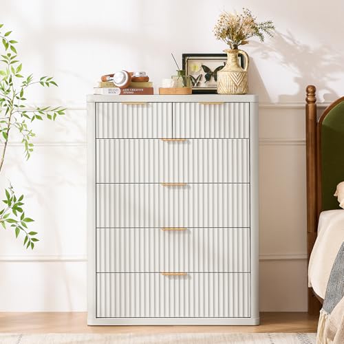 LEYAOYAO Fluted 6 Drawers Dresser for Bedroom, 43" Tall Modern Chest of Drawers with Metal Handle, Curved Profile Design,White Wood Drawer Organizer for Bedroom, Living Room, Hallway, Entryway