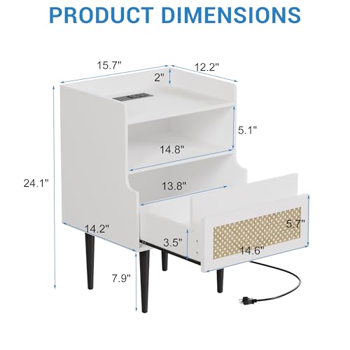 FinerFurnis Rattan Nightstands Set of 2 with Charging Station, Farmhouse Side Table with Drawer & Open Shelf, Freestanding End Table with Sturdy Wood Legs for Bedroom, Living Room, White