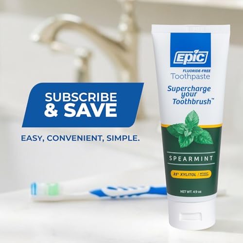 Epic Xylitol Toothpaste - Made with Xylitol for Clean Teeth & Gum Health - Fluoride Free Toothpaste Adult - SLS Free, Spearmint Flavored, 4.9oz Tube (Pack of 2)