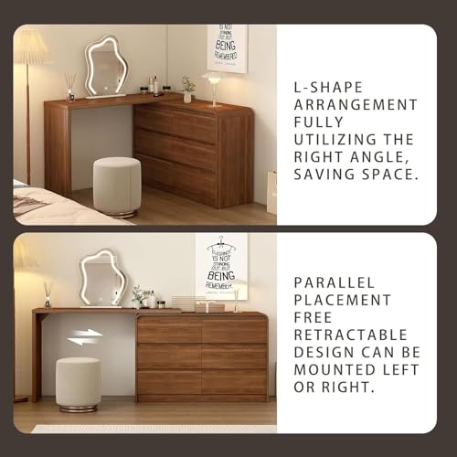 Makeup Vanity Desk with Touch Screen Mirror, 50-90 in Adjustable Sturdy Vanity Table Set with Chair, Bedroom Elegant Dressing Table for Women with 6-Drawer Rounded Corners Storage Cabinet, Brown