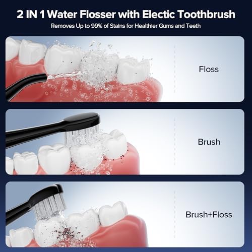 Water Flosser with Electric Toothbrush – 3 Sonic Toothbrush Modes & 5 Water Flossing Pressure – Wireless Charging & IPX7 Waterproof – Portable Travel Case Included(Black)