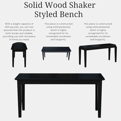 IC INTERNATIONAL CONCEPTS Shaker Style Bench Real/Solid Parawood, Kitchen/Dining, Sturdy & Reliable Seating, Easy Assembly, 39"W x 14"D x 18"H, 450 Lbs Wt. Capcity, Black