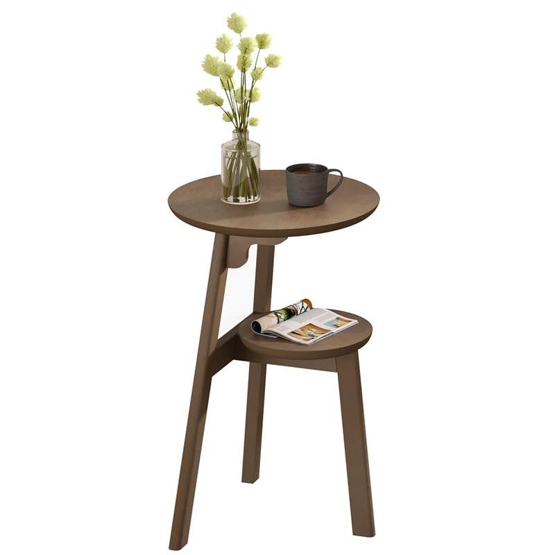 ChooChoo Round End Table for Small Spaces, Narrow Side Table, Accent Table Night Stand with 2 Tier Shelf for Bedroom and Living Room, Walnut