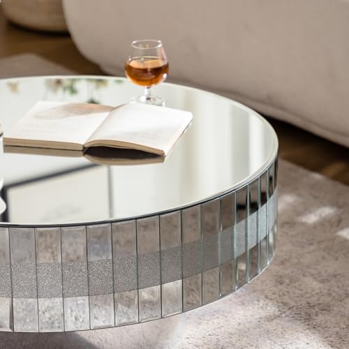 Modern Round Mirrored Coffee Table for Living Room, Silver Glass with Decorative Crystal Edge, Glam Round Accent Table Mirrored Center Table for Home Office, Silver, 31'' Dia x 14''H