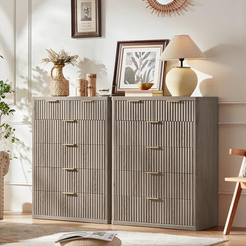 LEYAOYAO Fluted 6 Drawers Dresser for Bedroom, 43" Tall Modern Chest of Drawers with Metal Handle, Curved Profile Design,Grey Wood Drawer Organizer for Bedroom, Living Room, Hallway, Entryway