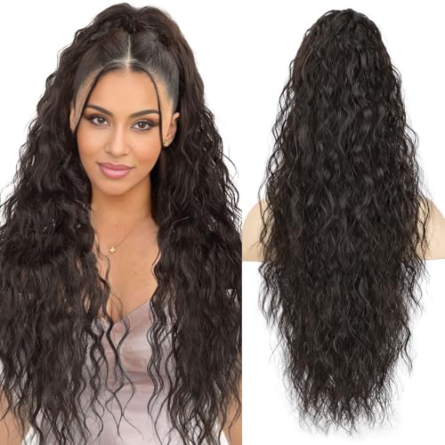 Lommel Ponytail Extension, Claw Clip Ponytail Extension for Women Long Wavy Pony Tails Hair Extensions Fluffy Natural Looking Synthetic 26 Inch Clip in Ponytail Hairpiece for Daily Use (Brown Black)