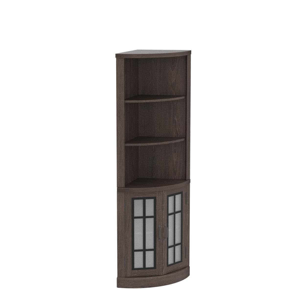 AMERLIFE Curved Corner Storage Cabinet, 65" Tall Freestanding Bookcase with Glass Doors & Adjustable Shelves, 5-Tier Corner Display Cabinet for Living Room, Bathroom, Laundry Room, Espresso