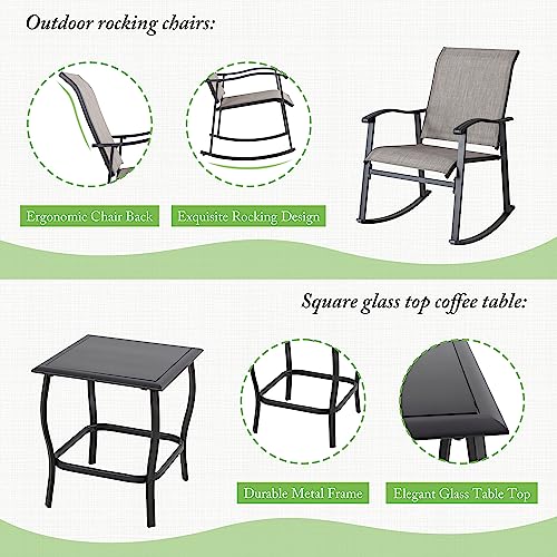 Shintenchi 3 Piece Rocking Bistro Set, Outdoor Furniture with Rocker Chairs and Glass Coffee Table Set of 3, Balcony, Porch Furniture for Small Space, Gray