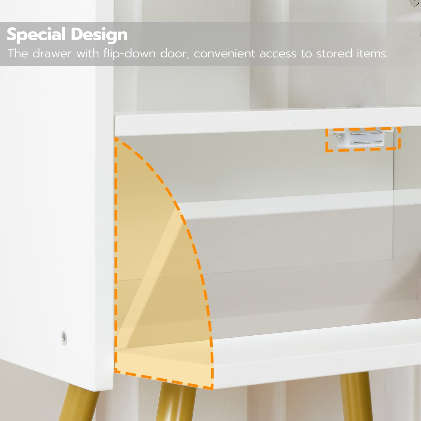 HOOBRO Nightstand with Charging Station, Side Table with USB Ports and Outlet, End Table for Tight Spaces, Solid and Stable, for Office, Bedroom, Study, White and Gold DW88UBZ01