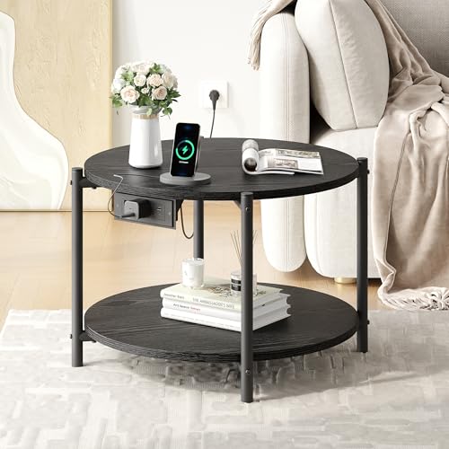 LIKIMIO Side Table, 23.6" W Round End Table with with Charging Station, Modern Wooden Nightstand for Small Spaces, Living Room, Bedroom, Black