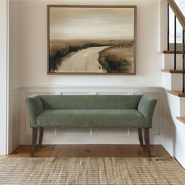 Madison Park Accent Bench, Plush Upholstered, Nailhead Trim, & Padded Seat Entryway Bench Small, End of Bed Bench with Back, 49.5" W x 19.25" D x 23" H, Green